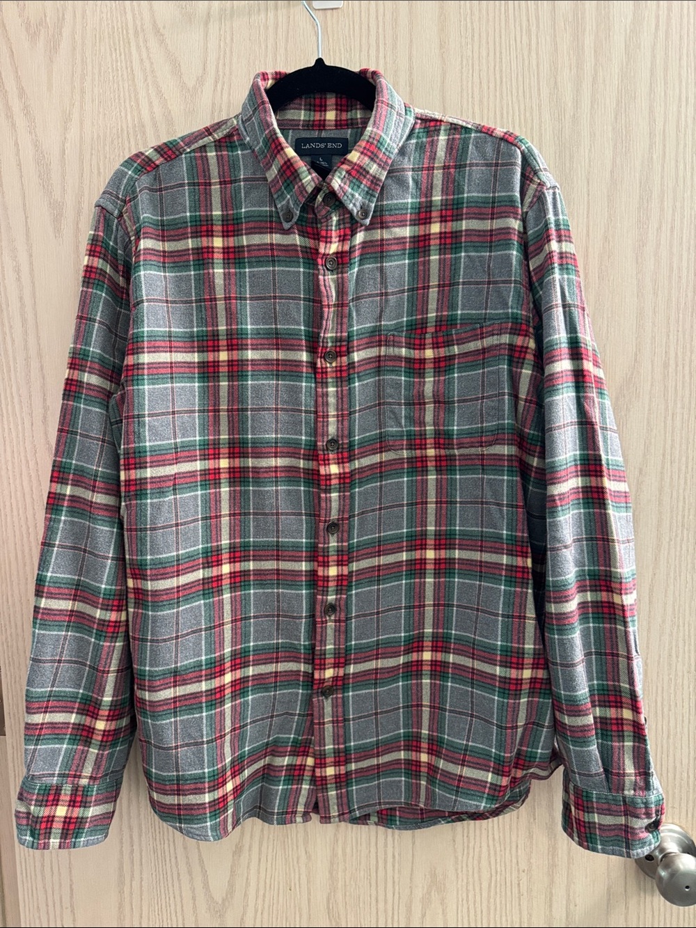 Lands' End Men's Gray and Red Plaid Button-Down Shirt